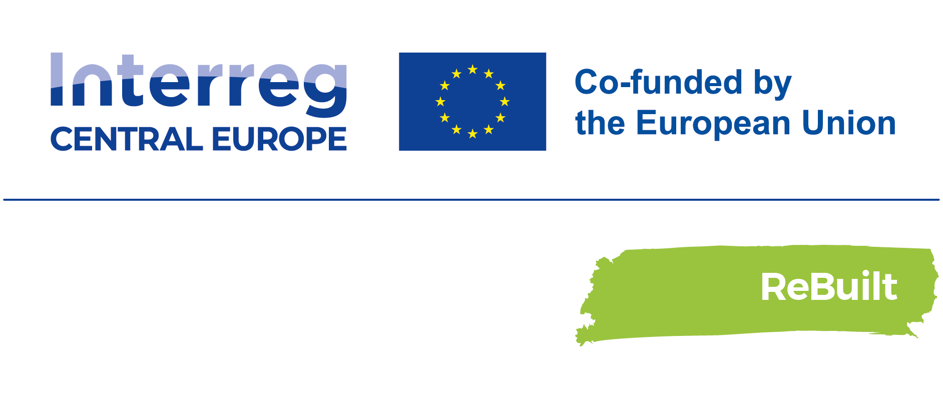 Official Logo of the 'Interreg Central Europe' funding programme containing the flag of the European Union as well as the statement 'co-funded by the European Union'. The image contains the name of the project 'ReBuilt' on a green background.