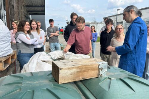 several people standing around a bag full of stones